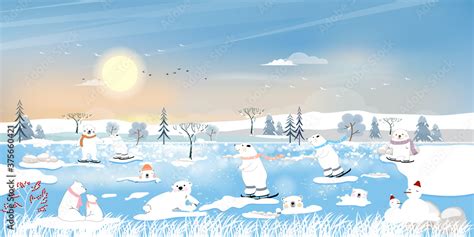 Winter landscape at arctic ocean with white polar bear family playing ice skates and lying on ...