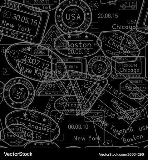 Passport stamps seamless pattern black background Vector Image