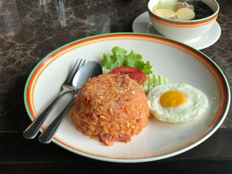 Ham and Egg Fried Rice in Plate with Fried Egg and Soup Stock Image - Image of gourmet, dinner ...