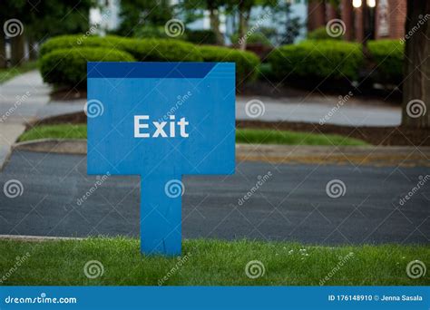 Blue Exit Sign stock photo. Image of road, gone, signage - 176148910