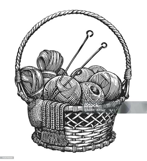 Balls Of Yarn In Basket Clews Skeins Of Thread Knitting Needles Tools ...