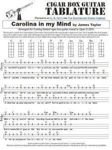 Carolina in my Mind by James Taylor - 3-string Open G GDG - Cigar Box Guitar Tablature