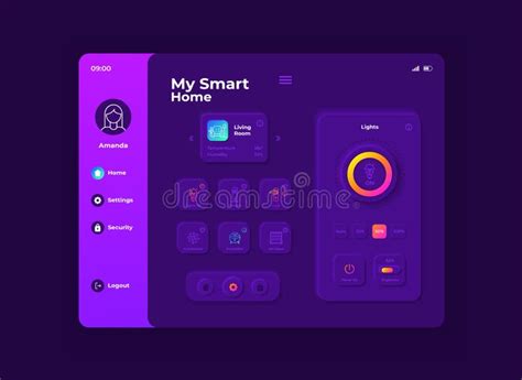 My Smart Home Tablet Interface Vector Template. Mobile App Page Night Mode Design Layout Stock ...