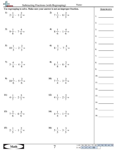 Subtracting Fractions With Regrouping Worksheet With Answer Key printable pdf download