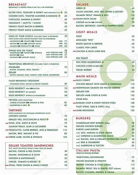 Menu at Greens Restaurant, Cape Town, Shop 7