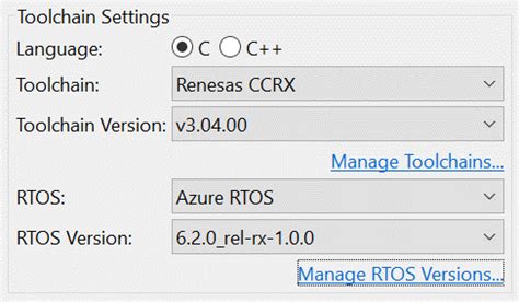 If nothing is displayed in the [RTOS Version] dropdown list, click [Manage RTOS Versions], and ...