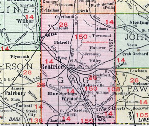 Gage County, Nebraska, map, 1912, Beatrice, Wymore, Blue Springs ...