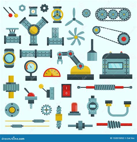 Machine Parts Illustration Machinery Flat Icons Set Manufacturing Work ...