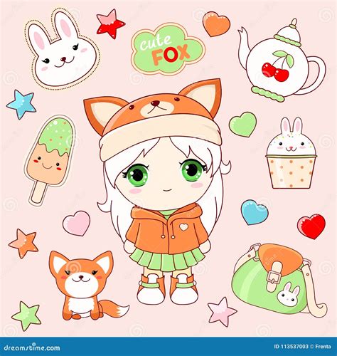 Set of Cute Stickers in Kawaii Style Stock Vector - Illustration of girl, adorable: 113537003