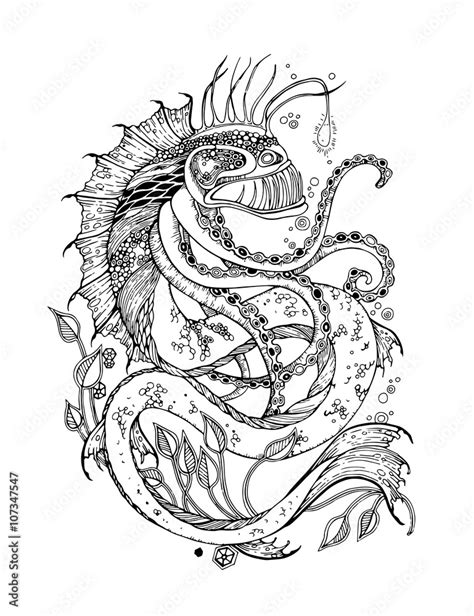 Angler fish tattoo. Sea monster tattoo. Adult Coloring Page with sea ...