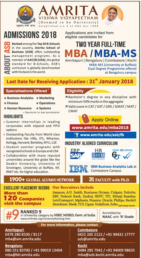 Amrita Vishwa Vidyapeetham Admission Open 2018 Ad - Advert Gallery