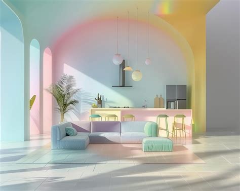 Premium Photo | Rainbow interior Empty living room Pastel colors