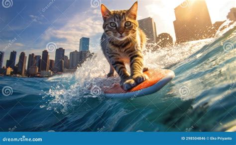 Cute Cat Surfing on a Surfboard in the Ocean Stock Illustration ...