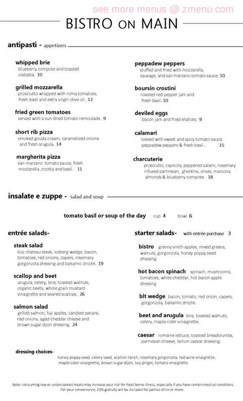 Menu at Bistro On Main pub & bar, Findlay