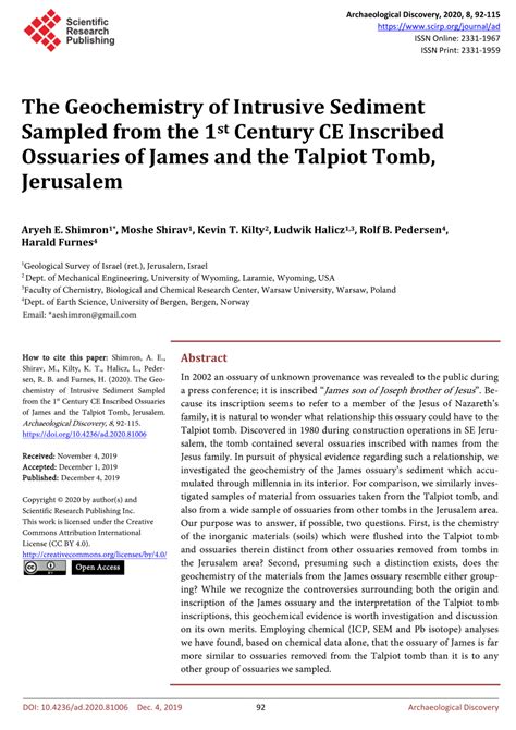 (PDF) The Geochemistry of Intrusive Sediment Sampled from the 1St Century CE Inscribed Ossuaries ...