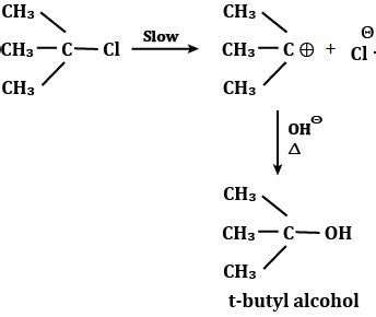 Tertiary butyl halide on boiling with water gives tertiary butyl alcohol . The reaction follows