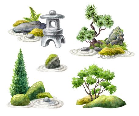 Koleksi Clip Art Alam Cat Air Pepohonan Hijau Bonsai Lentera Batu Dan Bebatuan Elemen Desain ...