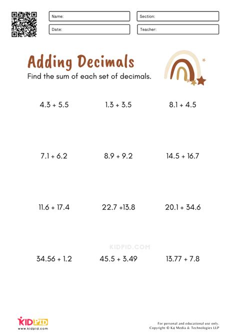 Adding Decimals Math Worksheets - Kidpid