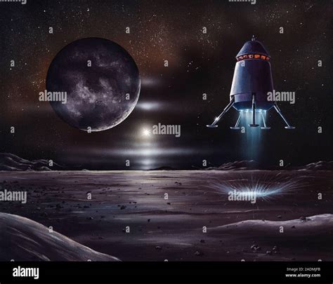 Manned mission to Charon. Artwork showing a manned rocket landing on ...