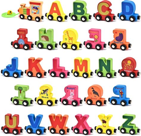 Amazon.com: Atoylink 27 Pcs Wooden Train Cars Set Toddlers Magnetic Alphabet Animal Train Toy ...