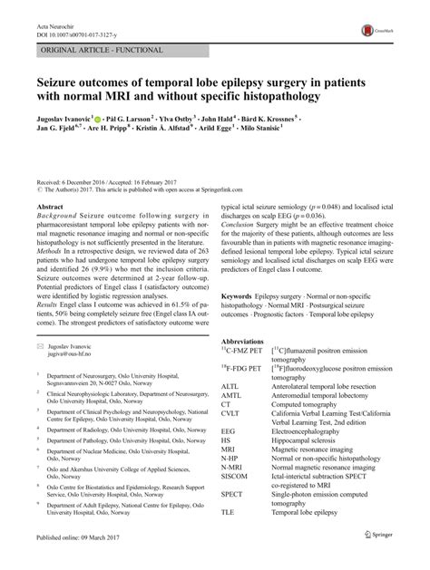 (PDF) Seizure outcomes of temporal lobe epilepsy surgery in patients with normal MRI and without ...