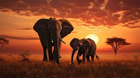 Mother and baby elephants silhouettes during an African sunset 27103909 ...