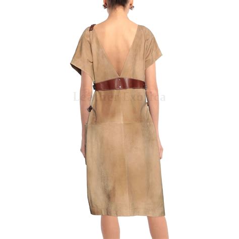 Tan Brown Belted Waist Women Suede Leather Dress