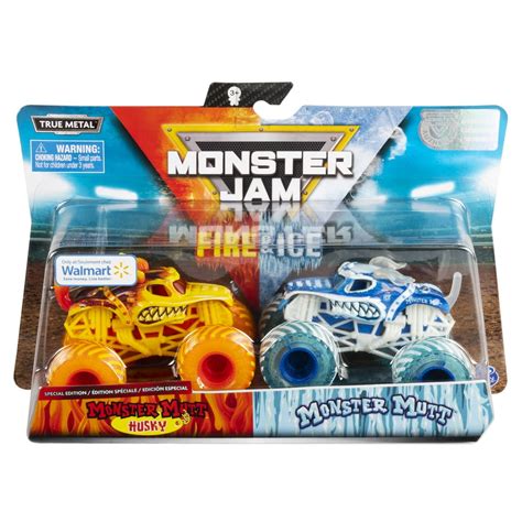 Monster Jam, Fire & Ice 2 Pack, Monster Mutt Husky vs. Monster Mutt Monster Truck, Die-Cast ...