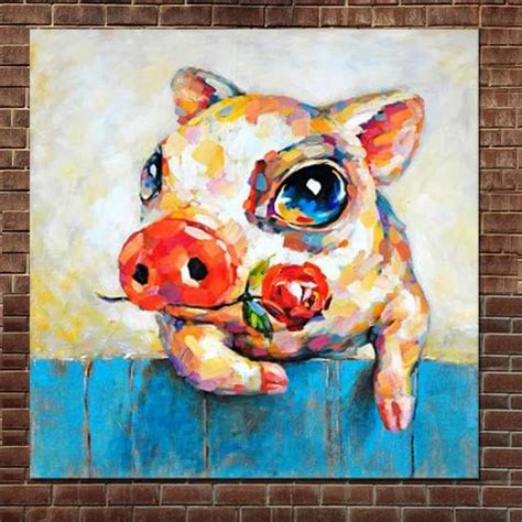 Hand Painted Cartoon Art Abstract Lovely Pig Oil Paintings on Canvas Pig eat Rose Wall Picture ...