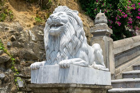 White Marble Lion Statue with Large Mane on the Beginning of the Stiarway to Linh Ung Pagoda on ...