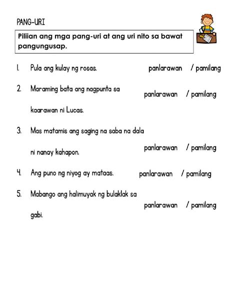 Pang-uri at Uri Nito Worksheet