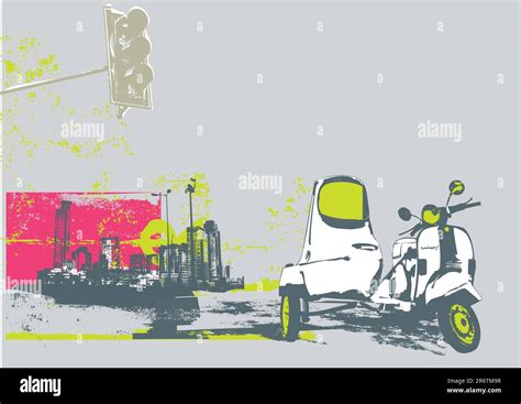 Vector illustration of vintage scooter on the grunge urban background ...