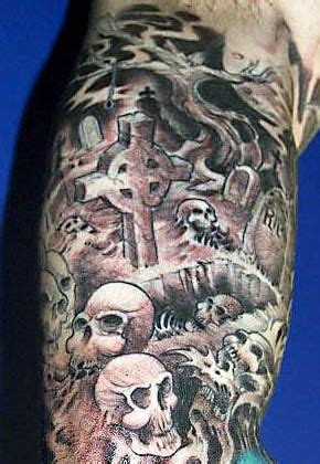 a man's arm covered in tattoos and skulls