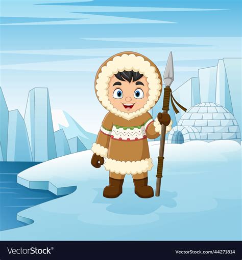 Cartoon little eskimo kid of north pole background