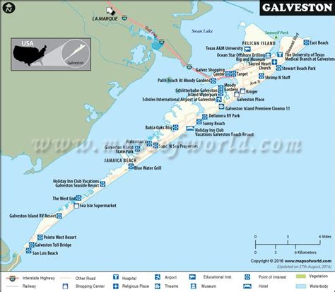 Galveston map showing highways, hotels, airports, attractions, railway ...