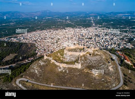 aerial view of Larisa castle in Argos city at Peloponnese peninsula ...