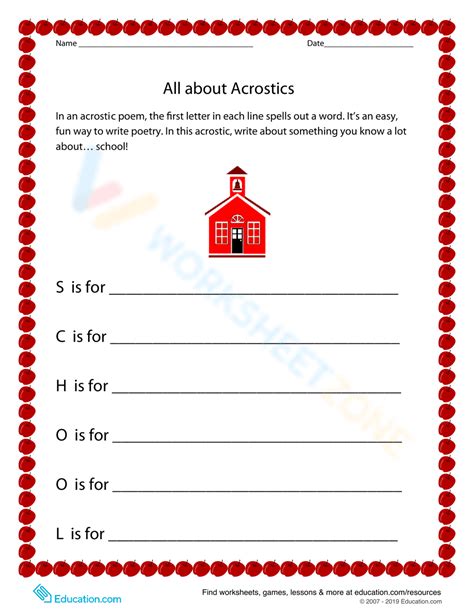 School Acrostic Poem Worksheet