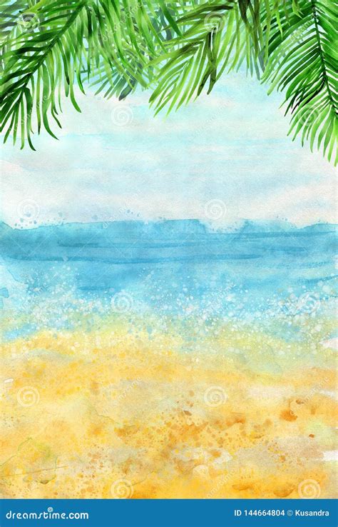 Watercolour Beach Background with Palm Leaves on Top Stock Illustration - Illustration of splash ...