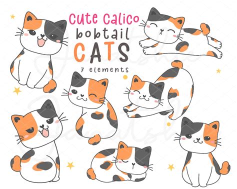 Cat Clipart Set, Cute Calico Cat Png, Digital Clip Art With Japanese ...