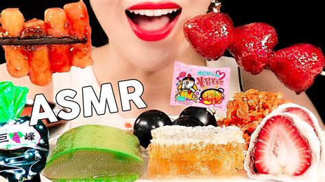 ASMR Most Popular Food on My Channel 미니잇츠 채널 인기메뉴 (알로에,벌집꿀,탕후루,딸기찹쌀떡,쿄호젤리,까르보불닭,떡볶이) 먹방 | MINEE ...