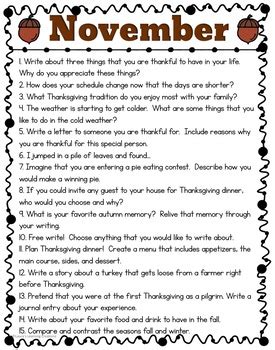 November Writing Prompts by Laura's Learning Creations | TpT