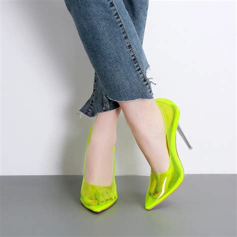 Women Neon High Heels Transparent Jelly Shoes Neon Pointy Toe Pumps Runway Shoes-in Women's ...