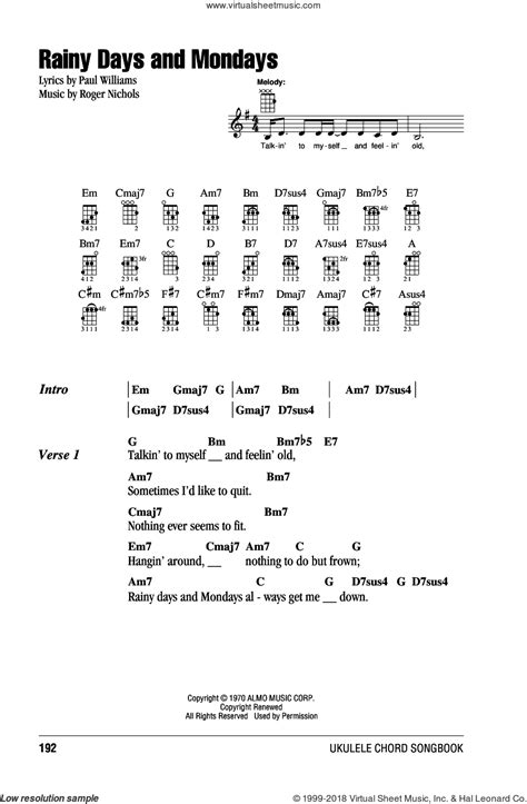 Carpenters - Rainy Days And Mondays sheet music for ukulele (chords)