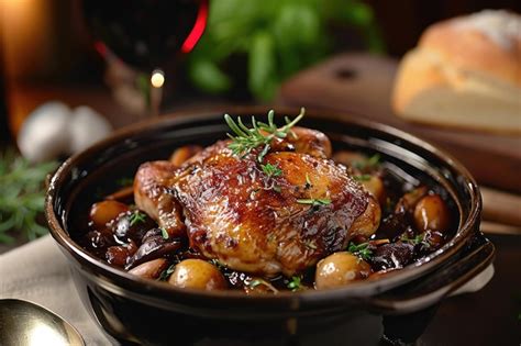 Premium Photo | A coq au vin a traditional French dish featuring braised chicken in red wine ...