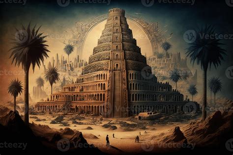 Ancient city of Babylon with the tower of Babel, bible and religion, new testament, speech in ...