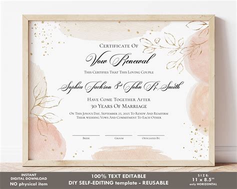 Vow Renewal Certificate Template Printable Marriage - Etsy in 2022 | Wedding certificate ...