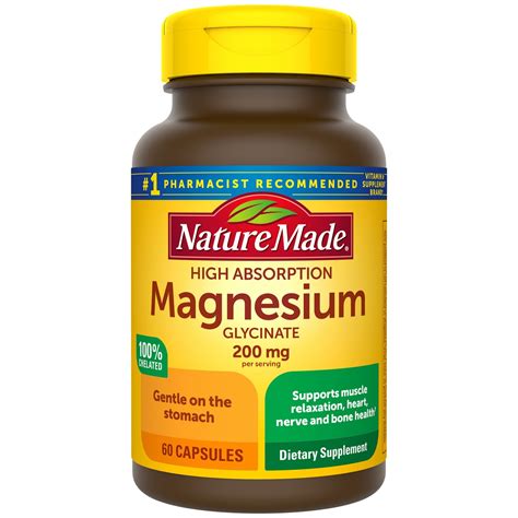 Nature Made High Absorption Magnesium Glycinate 200 mg per serving, Magnesium Supplement ...