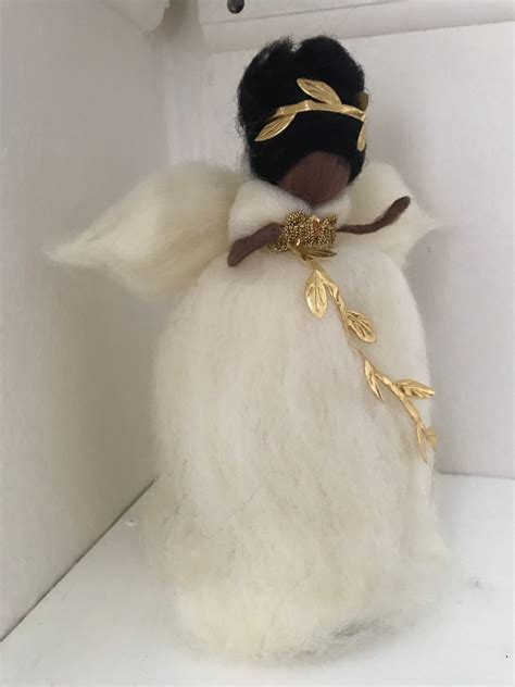 African American Angel Tree Topper in Wool With White and Golden Dress ...