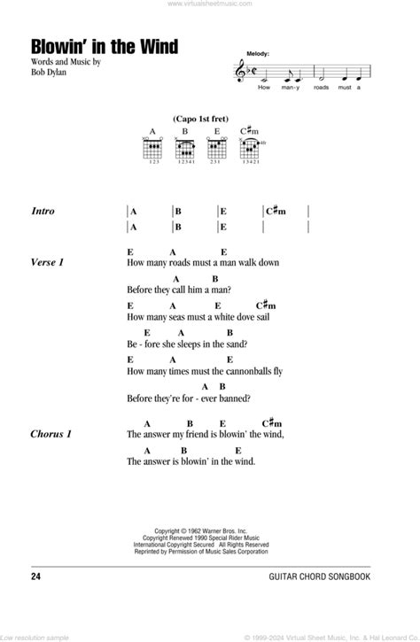 Blowin' In The Wind sheet music for guitar (chords) (PDF)