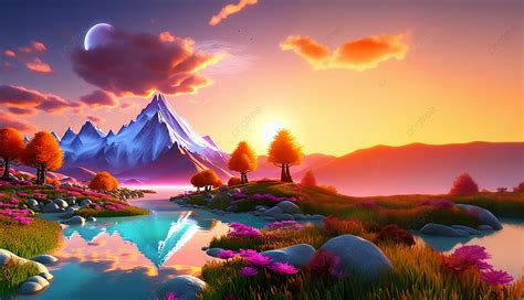 A Beautiful Sunset Scene With Mountain And River Background, Sunset ...